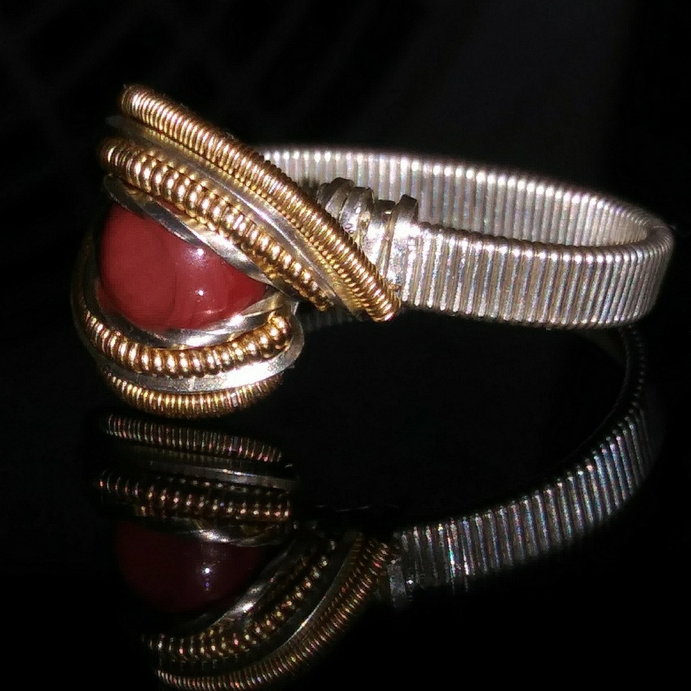 Silver and gold wirewrapped glass ring